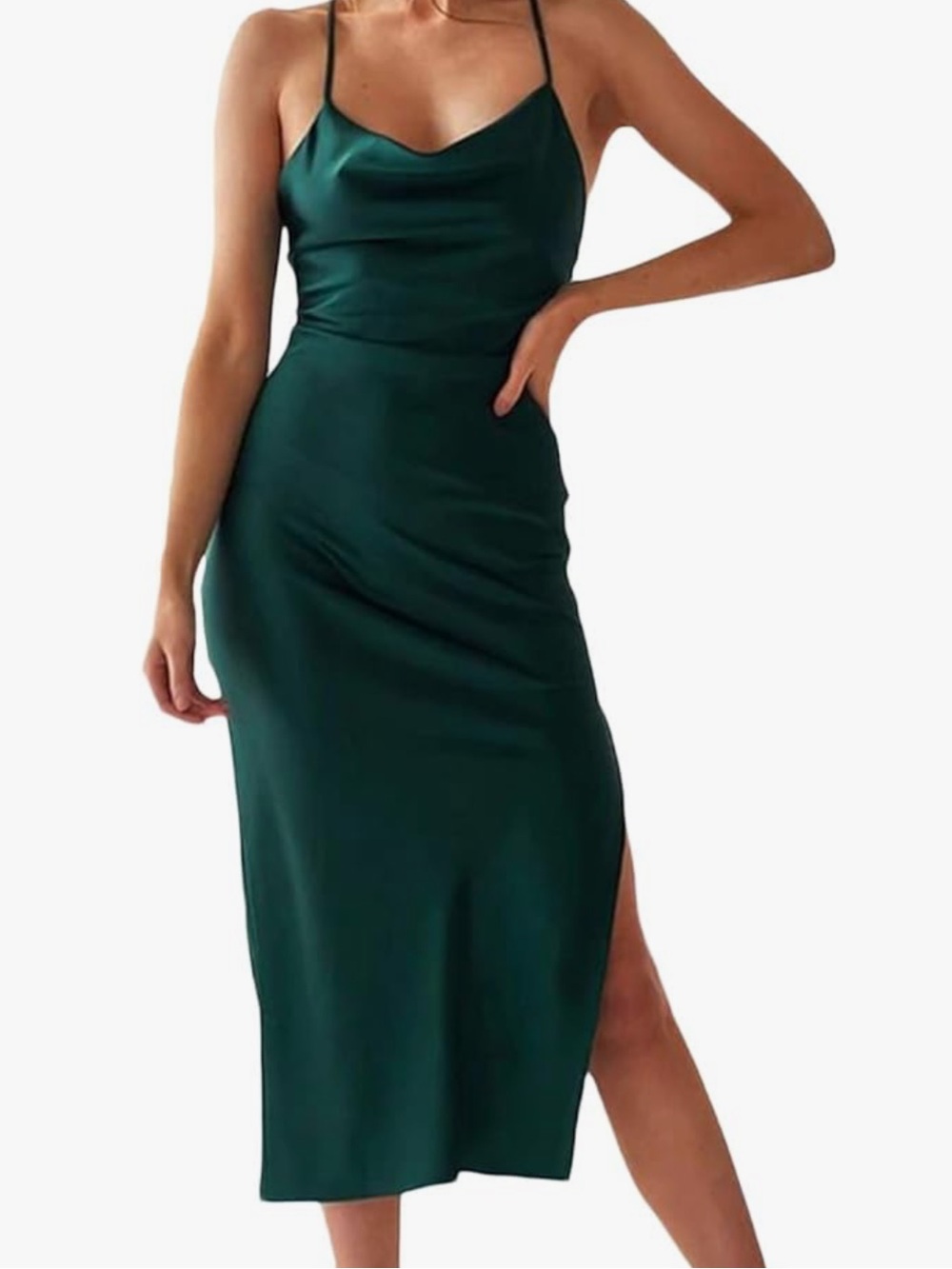 Satin Cowl Neck Midi Slip Dress - Emerald